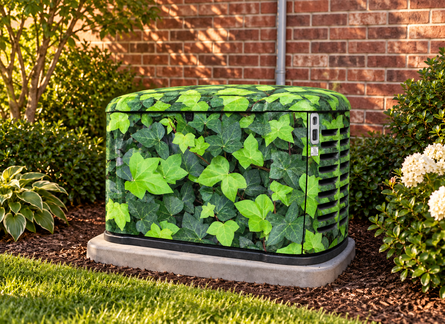 Next Generation Generac whole-home standby generator camouflaged with a Poison Ivy GenSkinz vinyl wrap