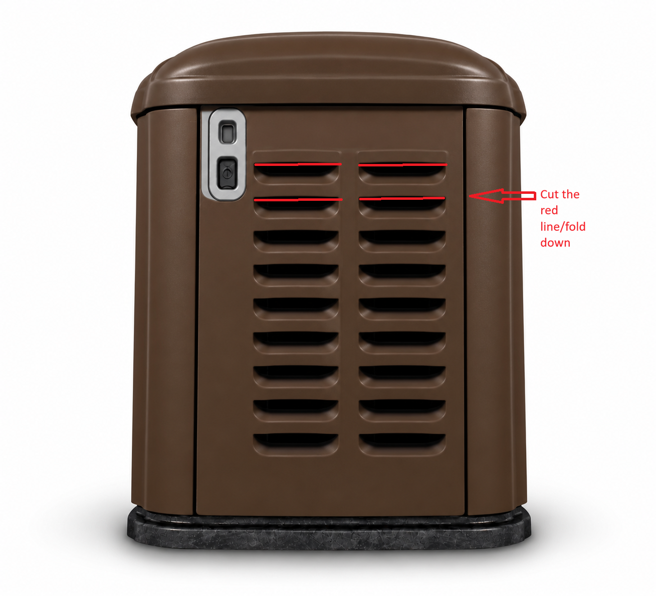 Generator side panel with red lines showing cuts along the top of individual vent louvers.