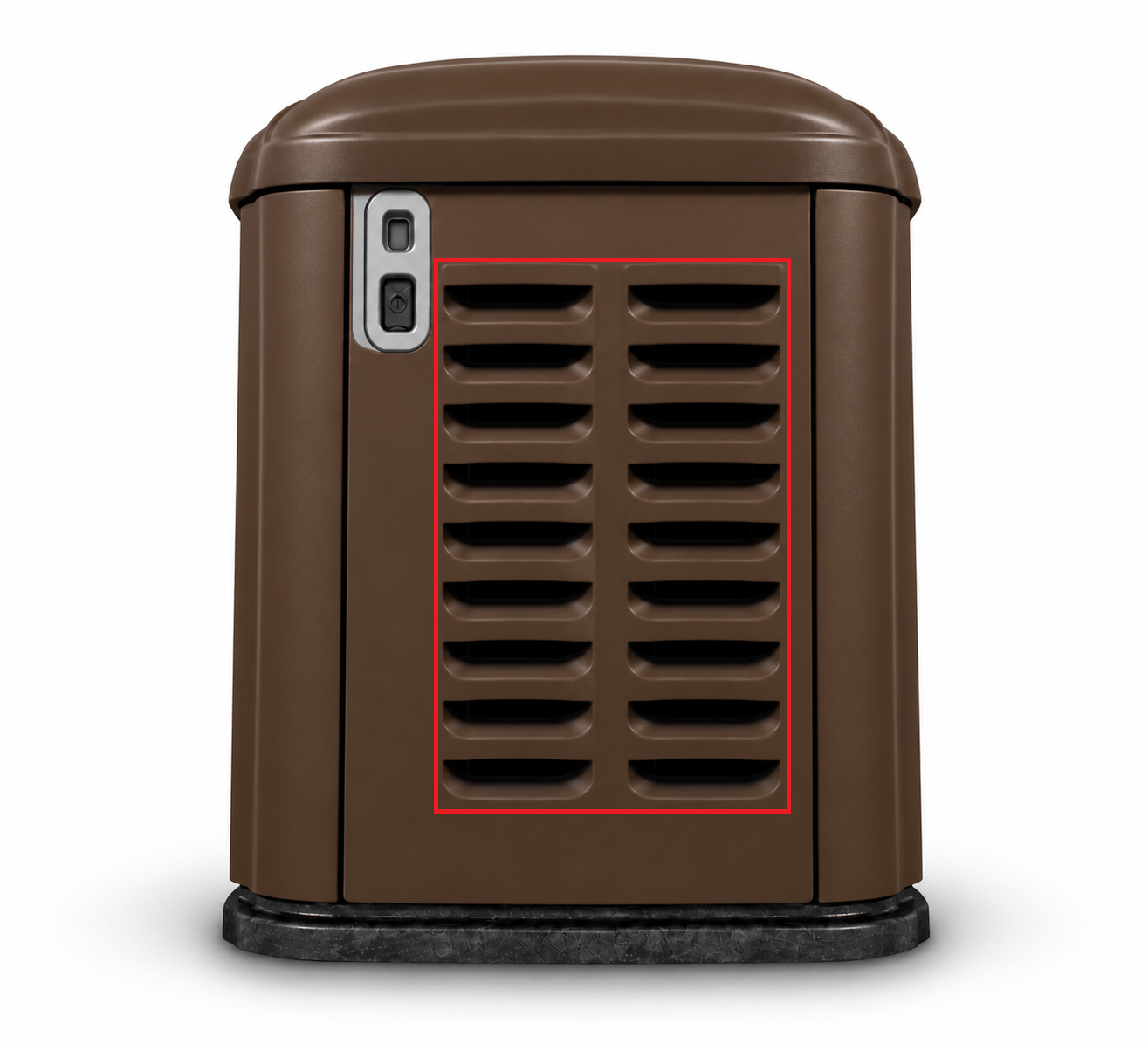Generator side panel with a red rectangle showing where to remove vinyl around the entire vent section.